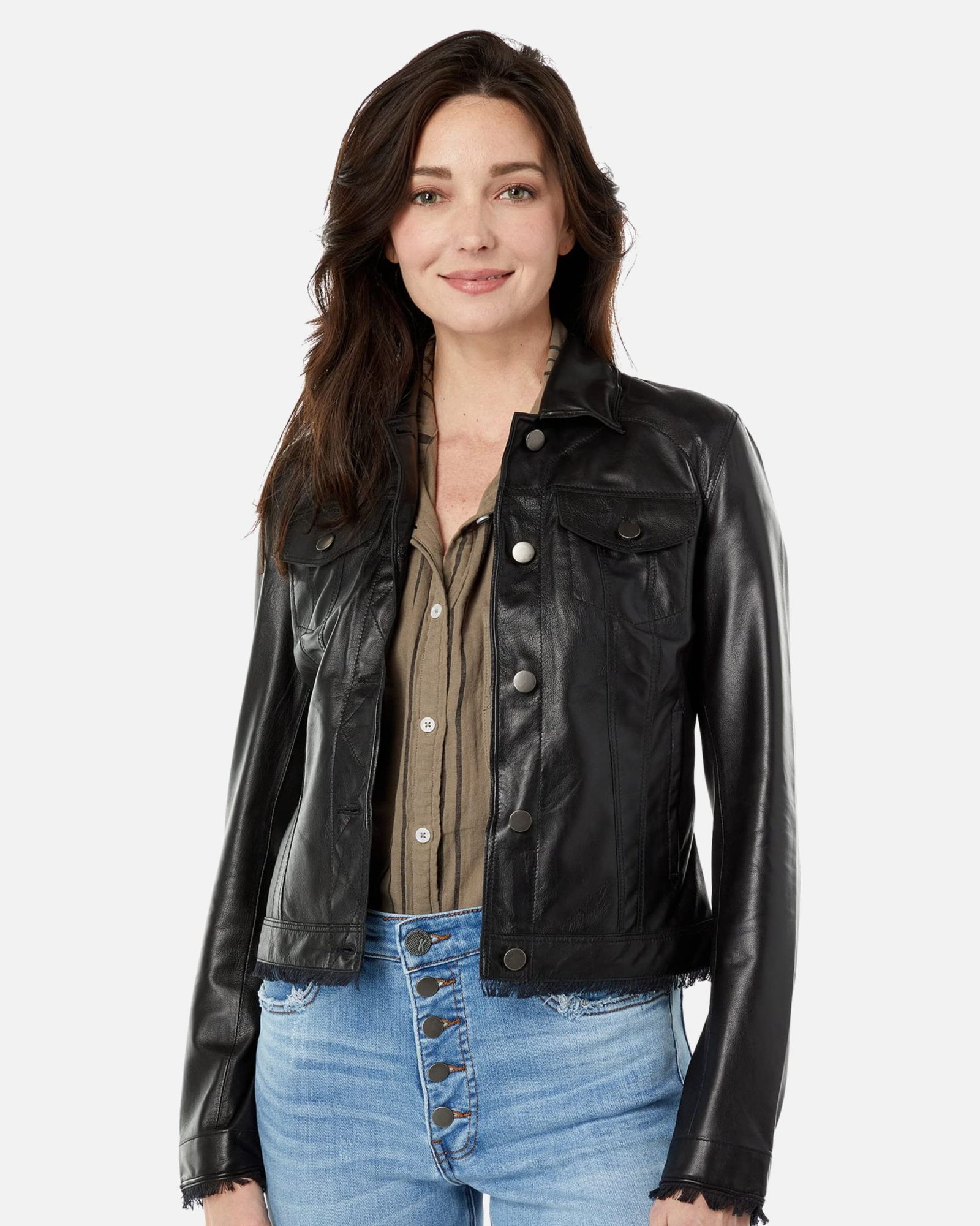 Alexa Black Leather Trucker Jacket