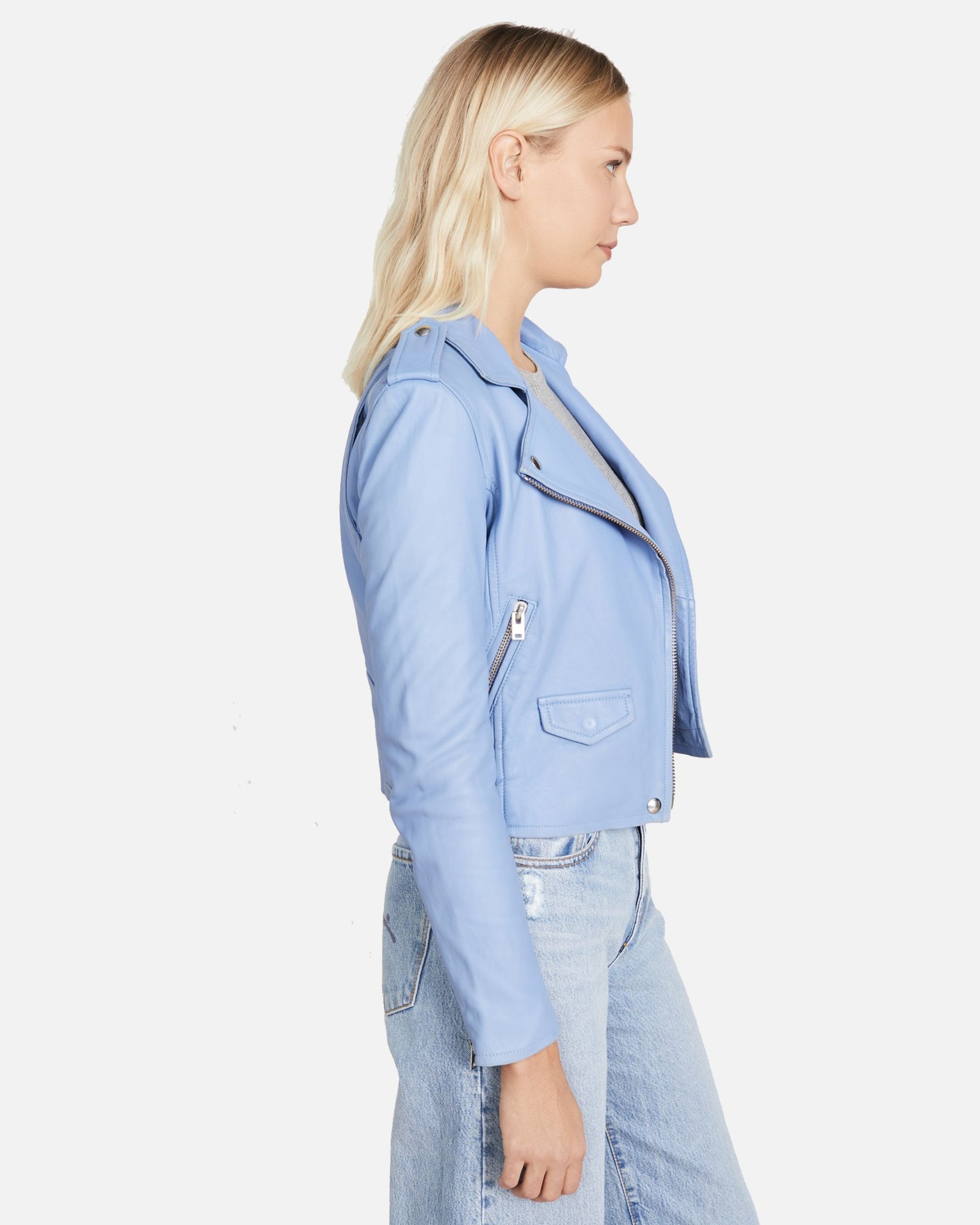 Ashlive Women Light Blue Leather Biker Jacket - Image 3