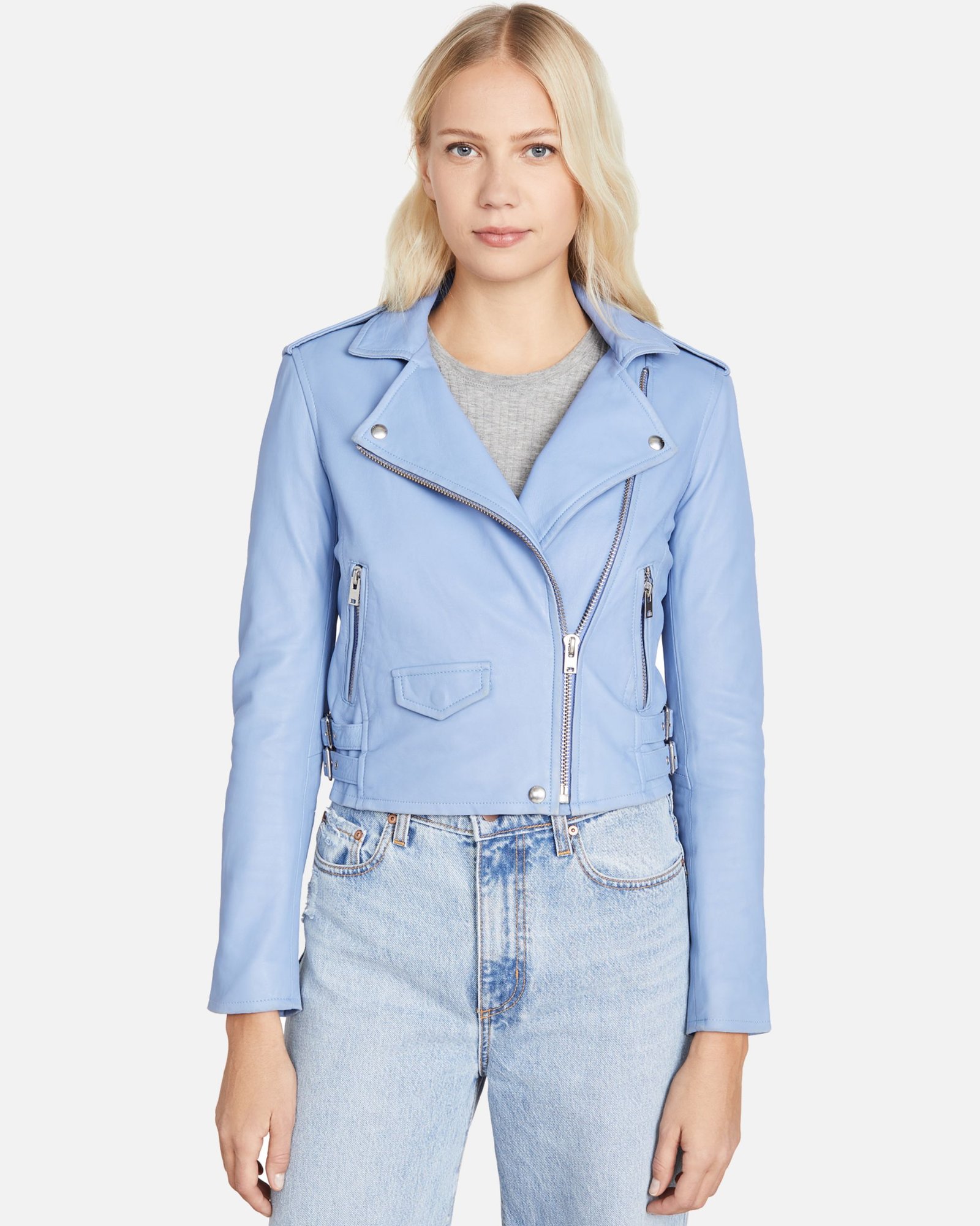 Ashlive Women Light Blue Leather Biker Jacket - Image 5