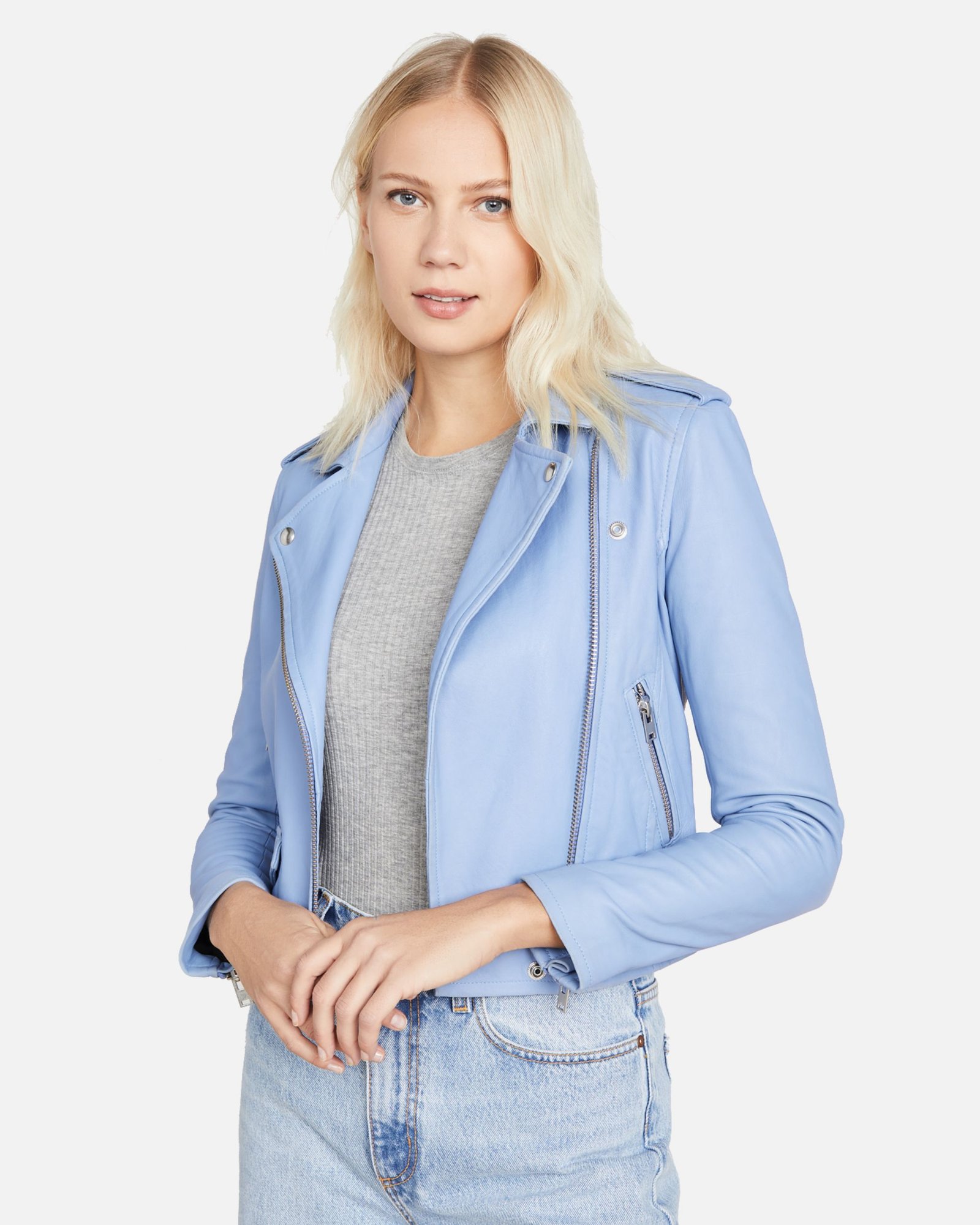 Ashlive Women Light Blue Leather Biker Jacket