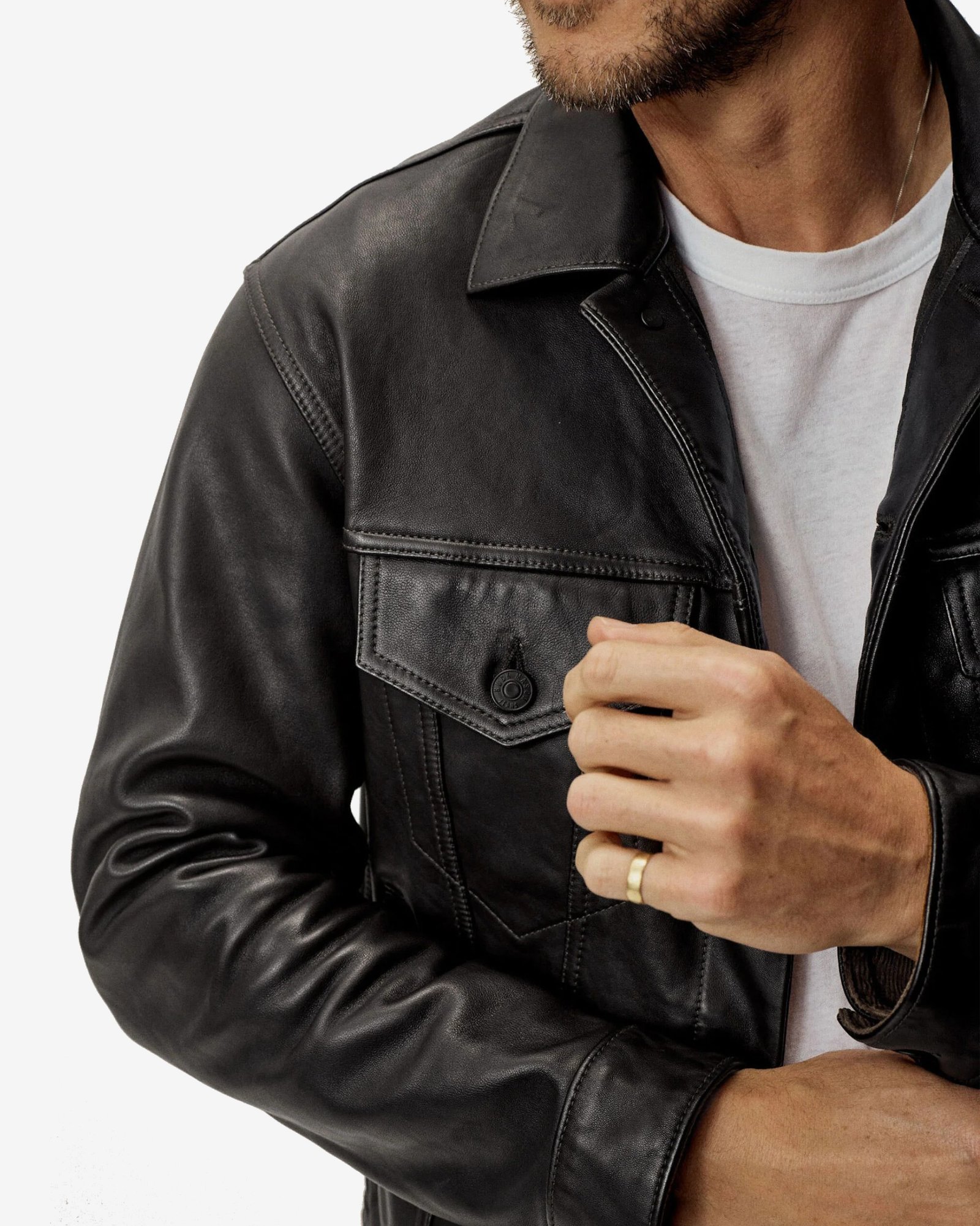 Mens Black Leather Truker Jacket - Image 5