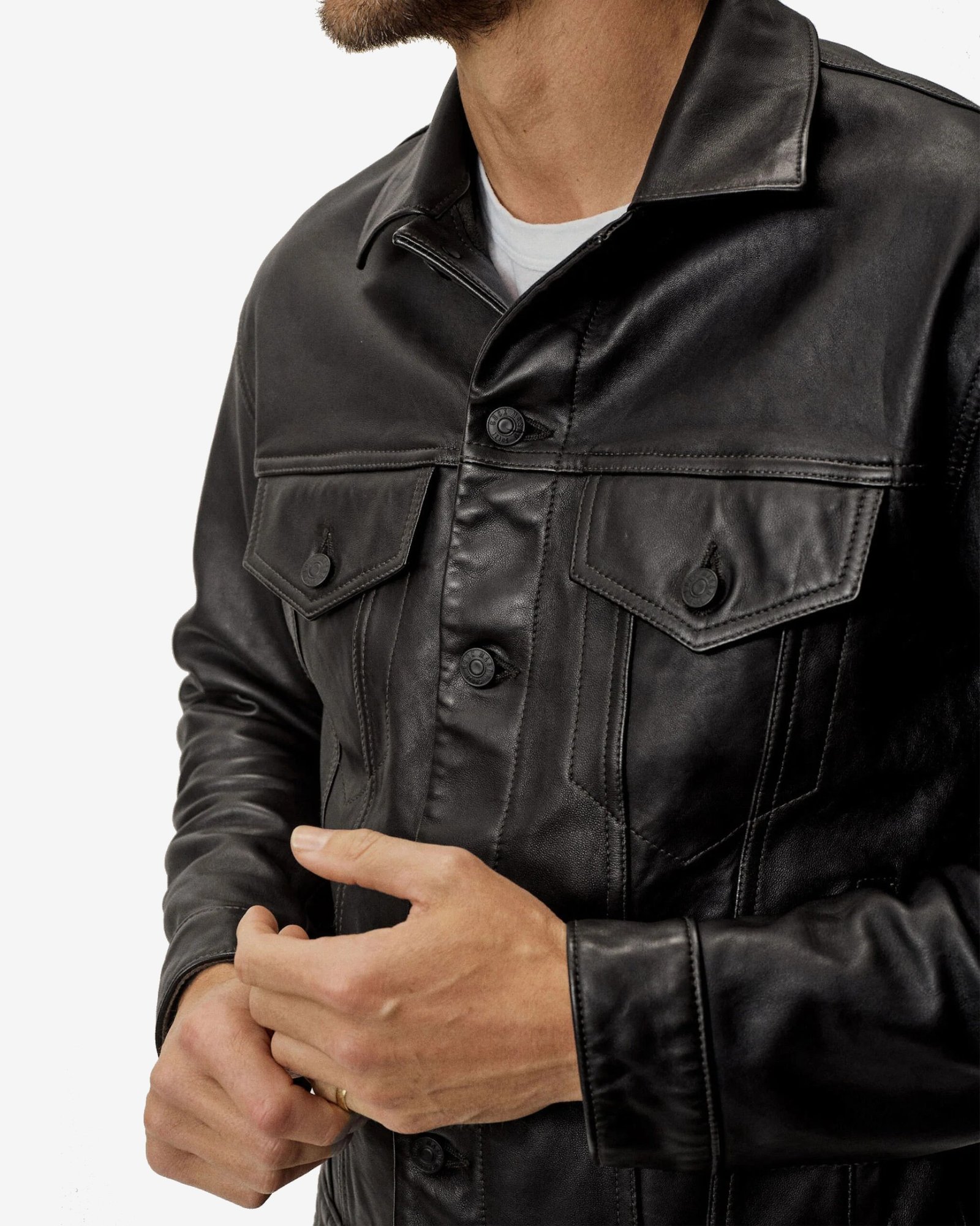 Mens Black Leather Truker Jacket - Image 6