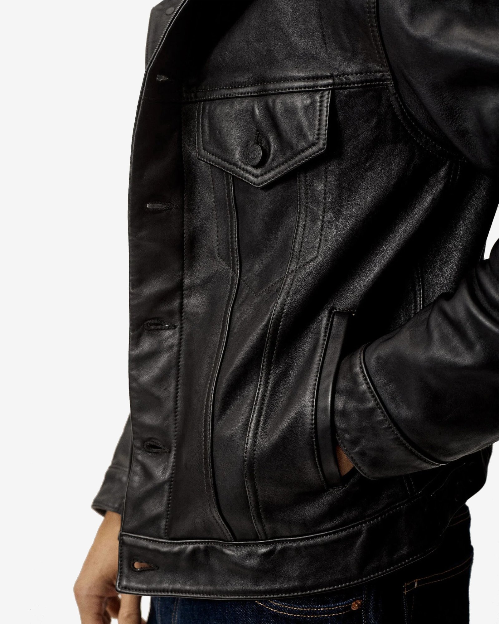 Mens Black Leather Truker Jacket - Image 7