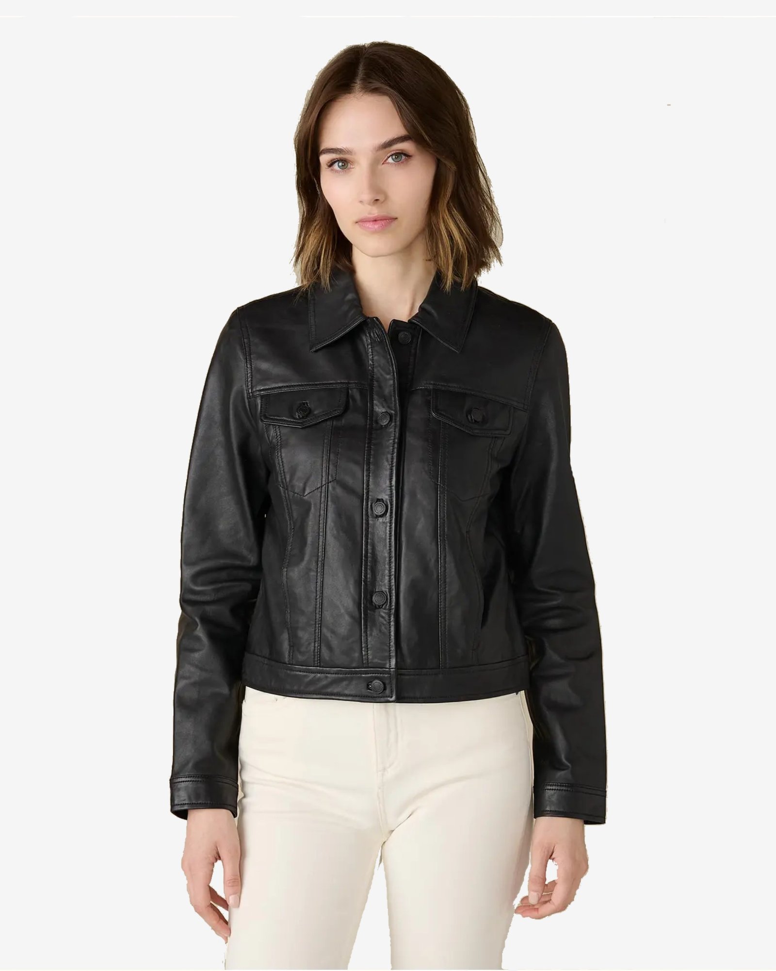Alternative view of Denise Women Black Trucker Leather Jacket
