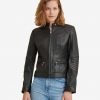 Emma Black Cafe Racer Leather Jacket - Image 2