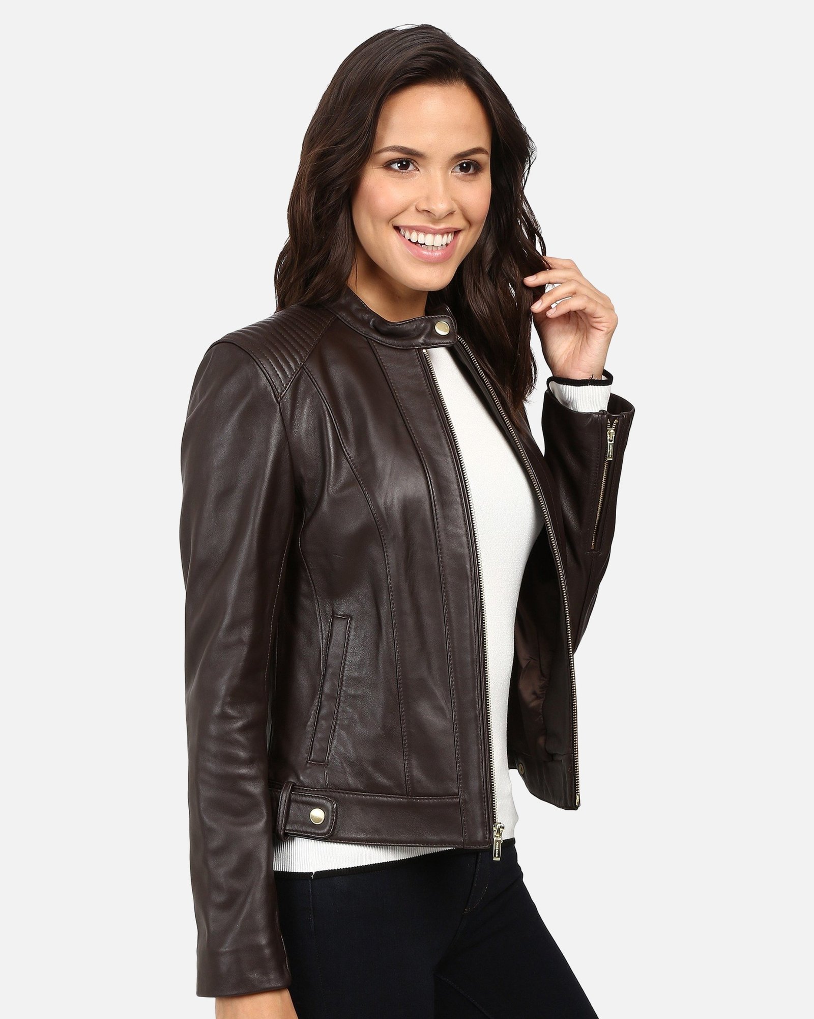 Halle Women Black Leather Racer Jacket - Image 4