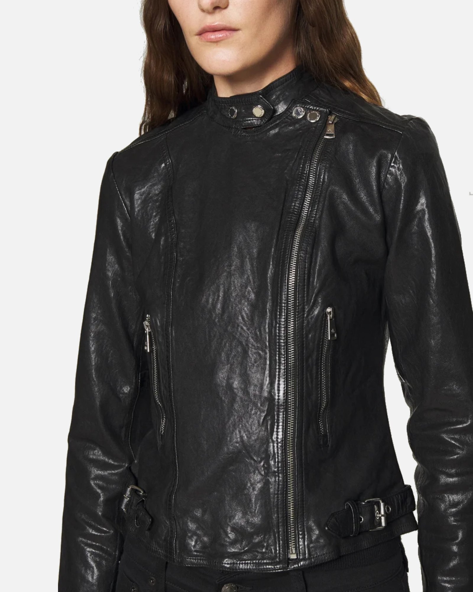 Lena Womens Jet Black Biker Leather Jacket - Image 4