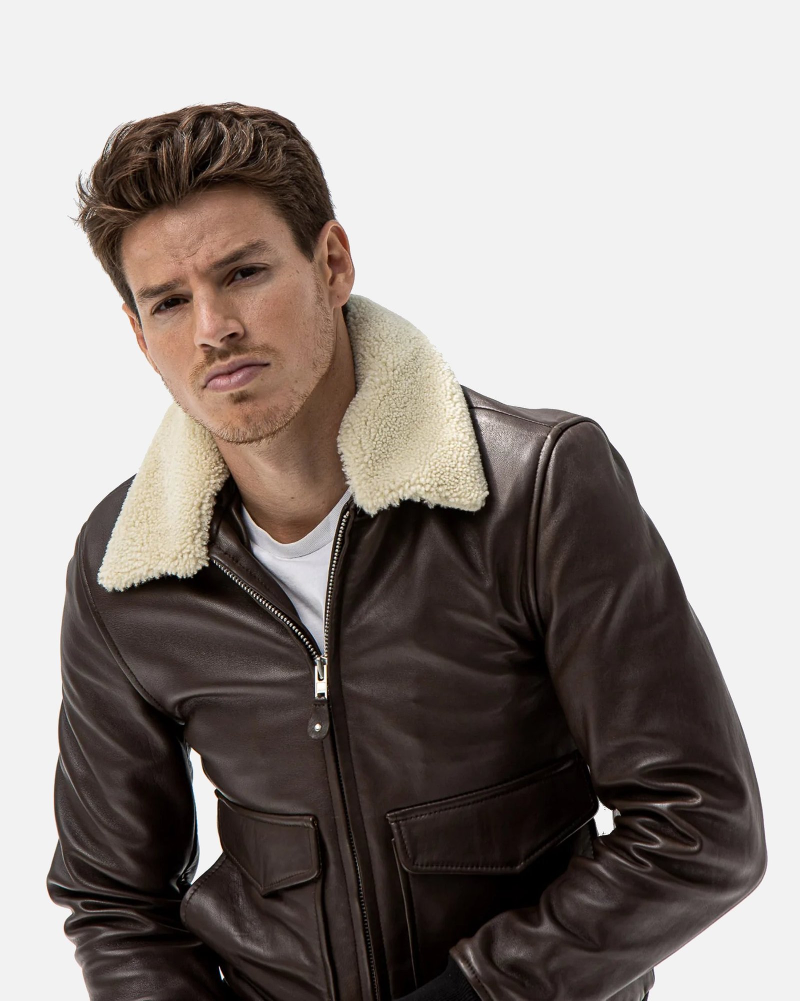 Levi Beige Shearling Fur Collar Brown Leather Jacket - Image 3