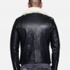 Men Fur Collared Black Biker Leather Jacket - Image 2