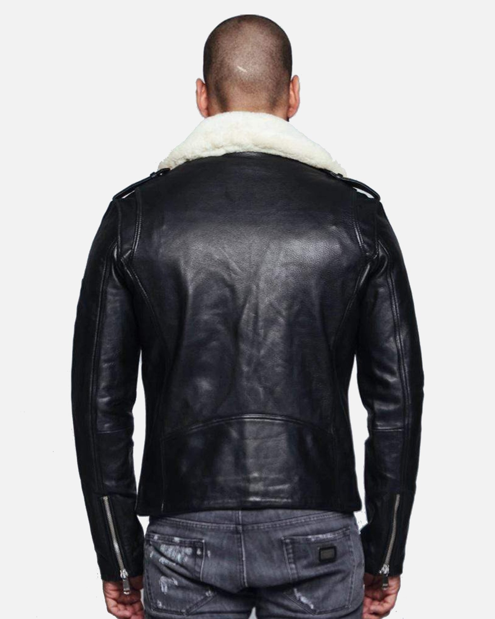 Alternative view of Men Fur Collared Black Biker Leather Jacket