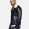 Men Fur Collared Black Biker Leather Jacket - Image 3