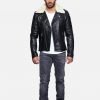 Men Fur Collared Black Biker Leather Jacket - Image 4