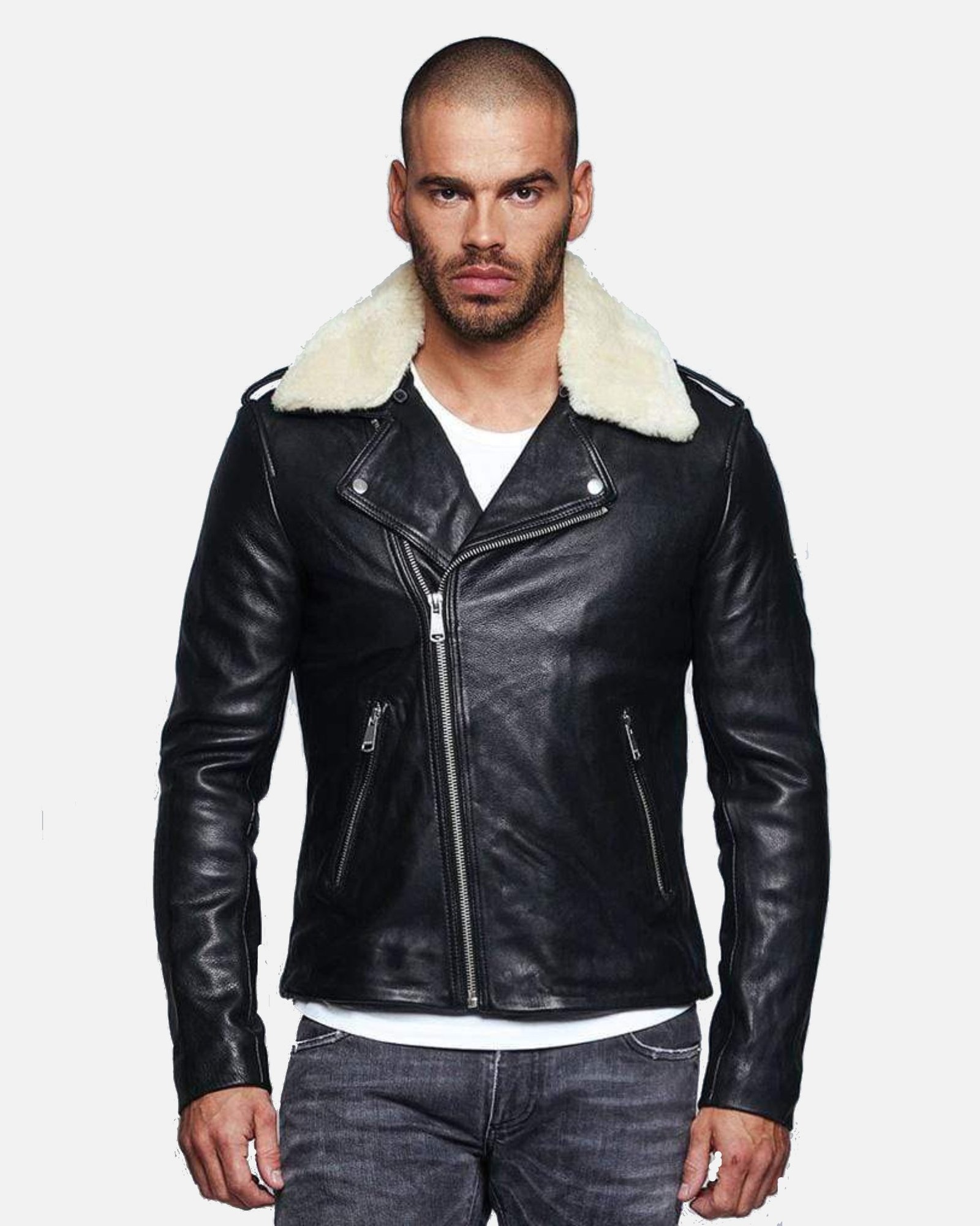 Men Fur Collared Black Biker Leather Jacket