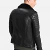 Men Quilted Black BIker Shearling Leather Jacket - Image 2