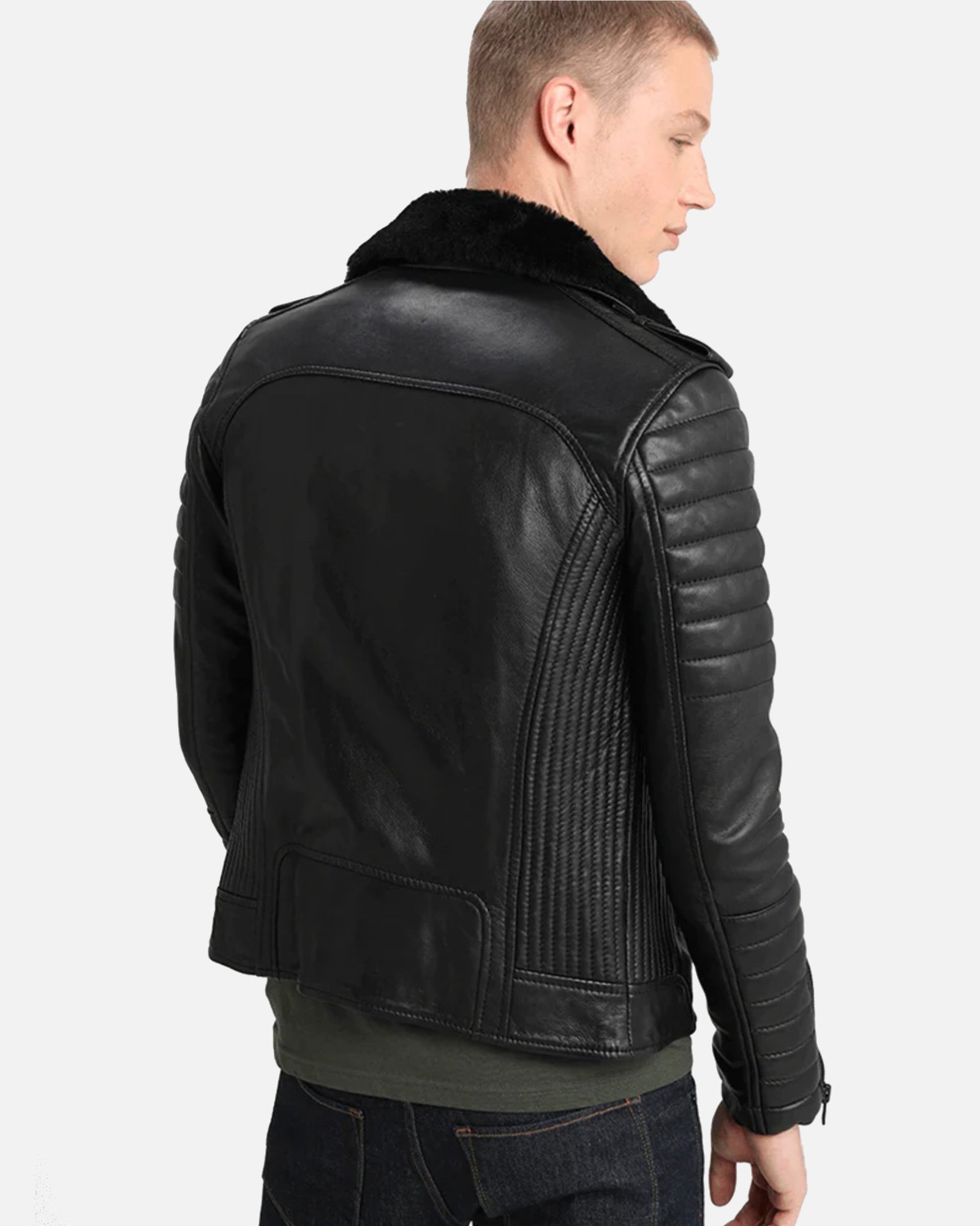 Alternative view of Men Quilted Black BIker Shearling Leather Jacket