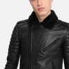 Men Quilted Black BIker Shearling Leather Jacket - Image 4