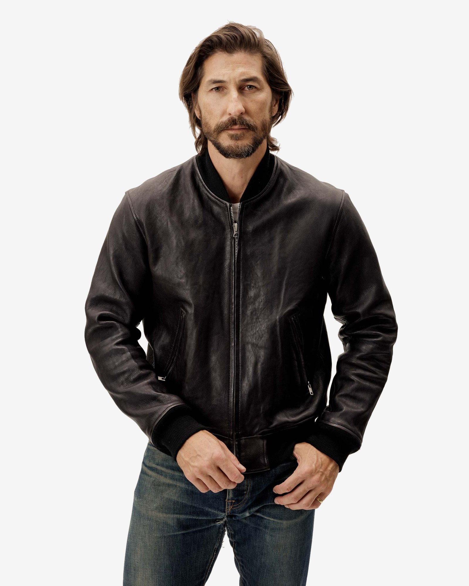 Mens Black Leather Bomber Jacket