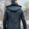 Mens Black Trench Shearling Hooded Leather Jacket - Image 2