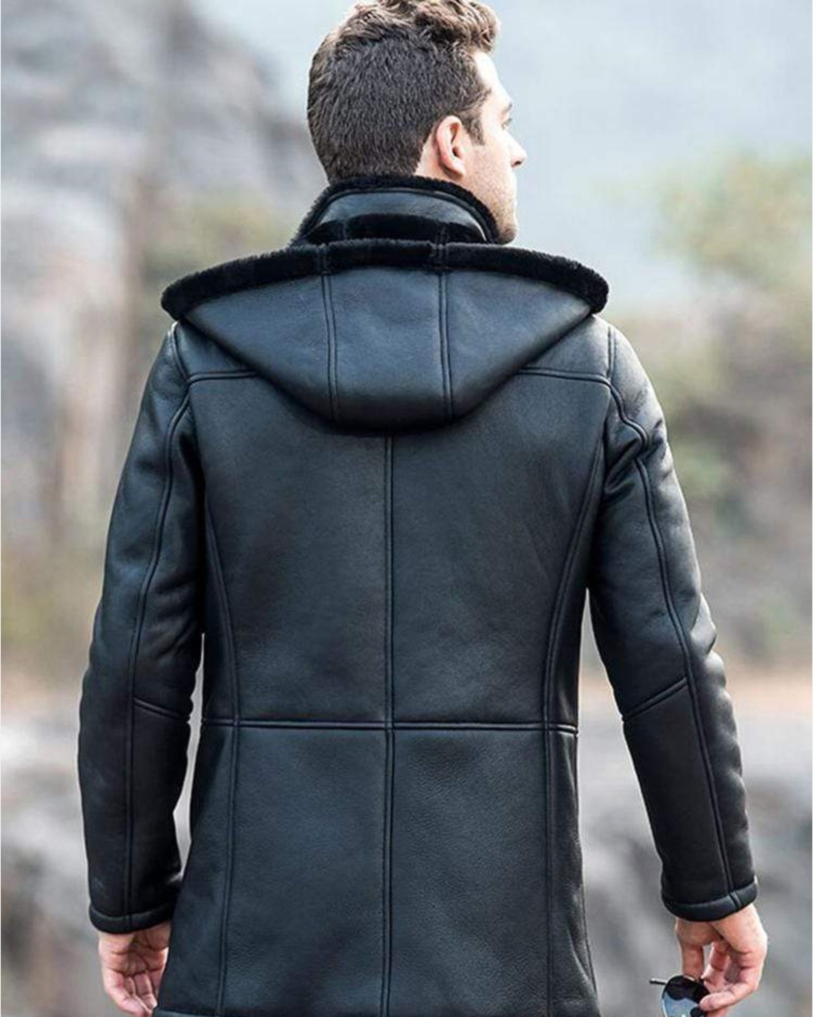 Alternative view of Mens Black Trench Shearling Hooded Leather Jacket
