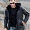 Mens Black Trench Shearling Hooded Leather Jacket - Image 5