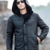 Mens Black Trench Shearling Hooded Leather Jacket - Image 3