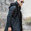 Mens Black Trench Shearling Hooded Leather Jacket - Image 4