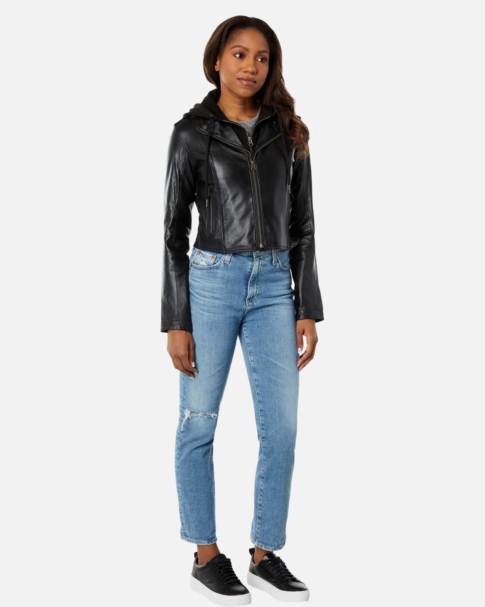 Molly Black Hooded Leather Biker Jacket - Image 4