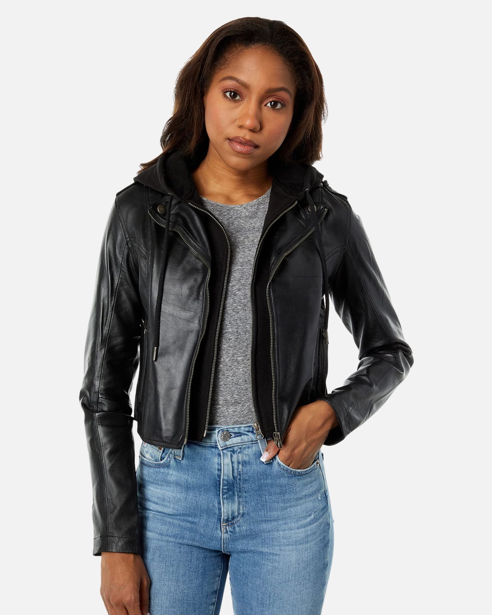 Molly Black Hooded Leather Biker Jacket