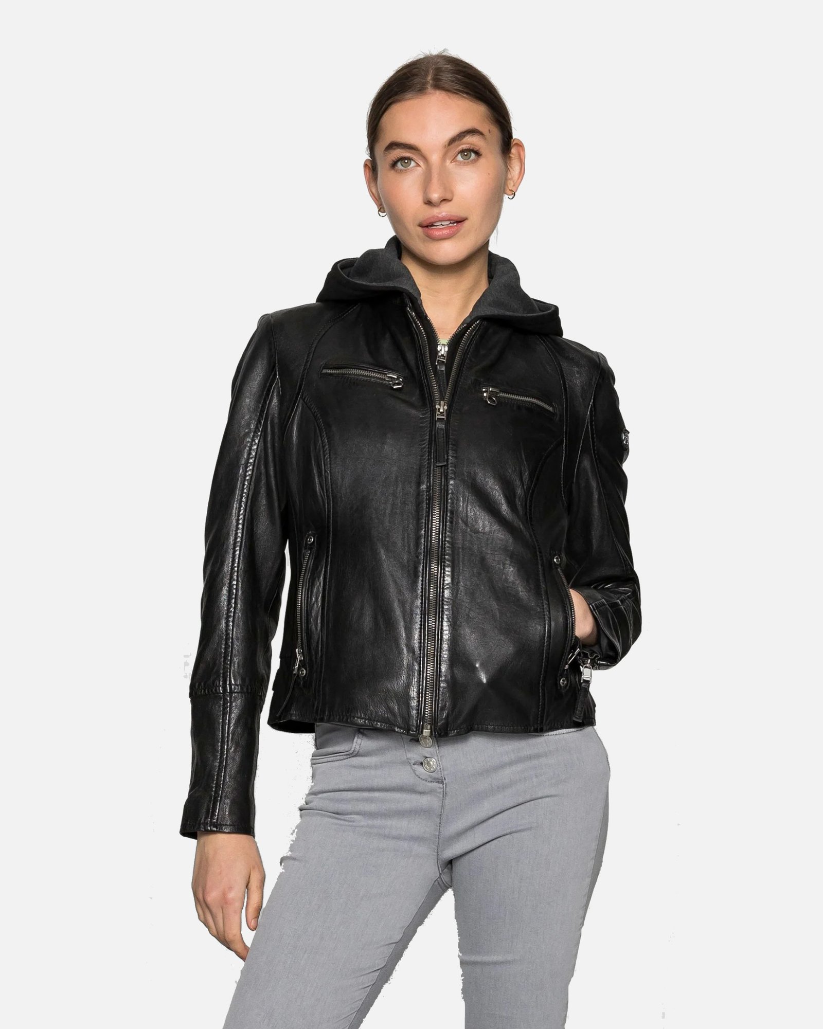 Nohl Womens Black Hooded Leather Jacket