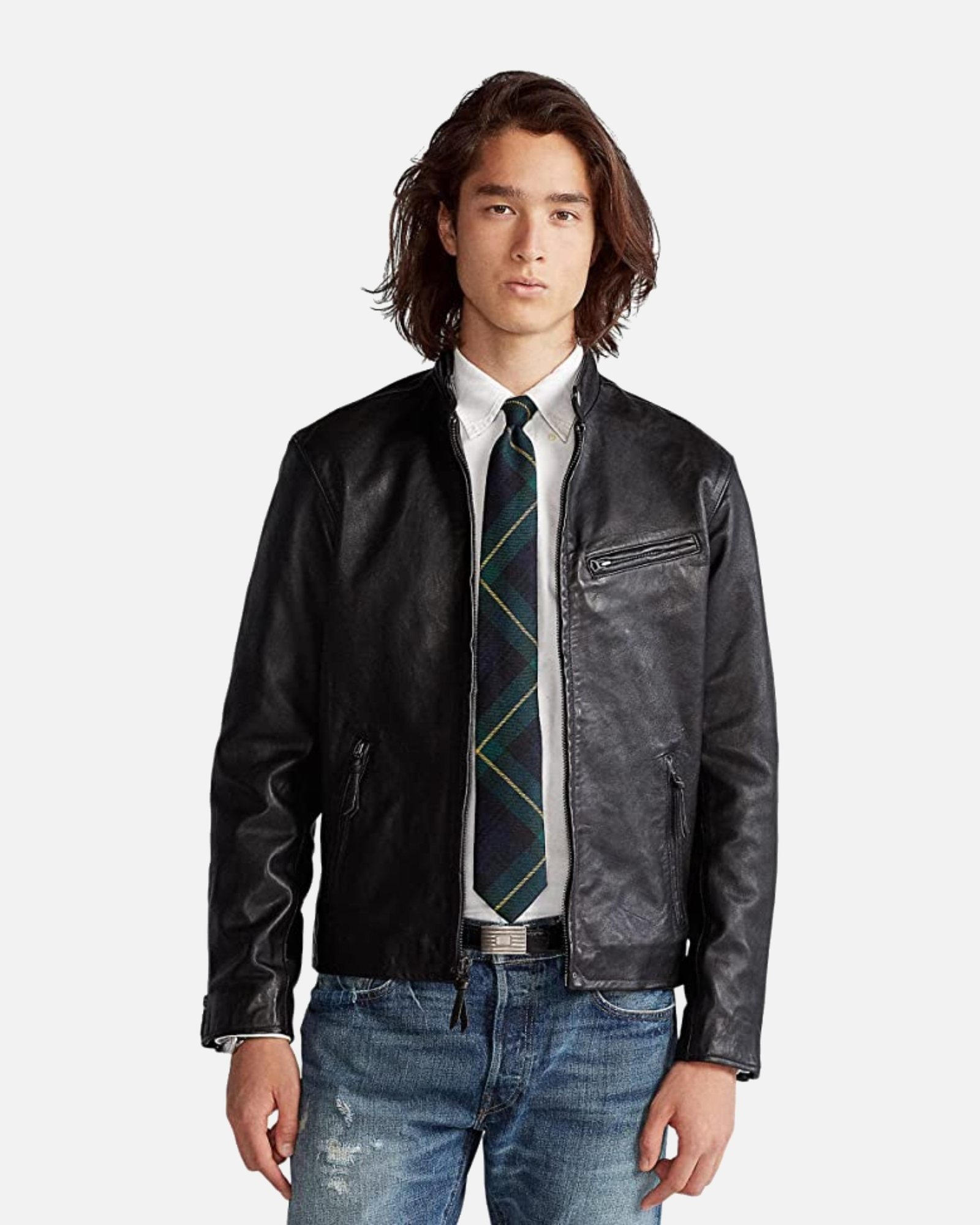 Polo Men Black Cafe Racer Leather Jacket