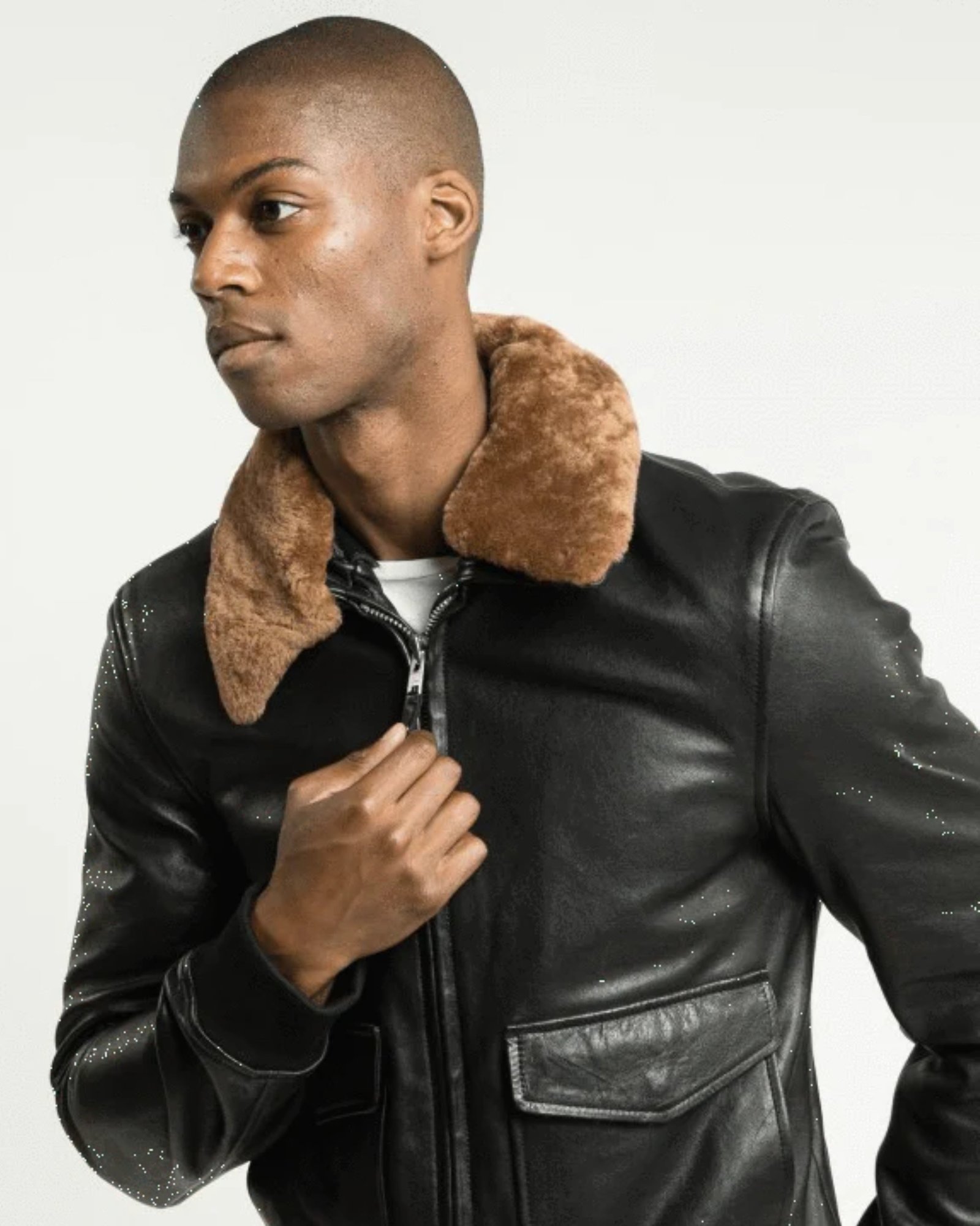 Sand Detachable Shearling Collared Leather Jacket - Image 5