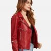 Women Red Langarm Moto Leather Jacket - Image 2