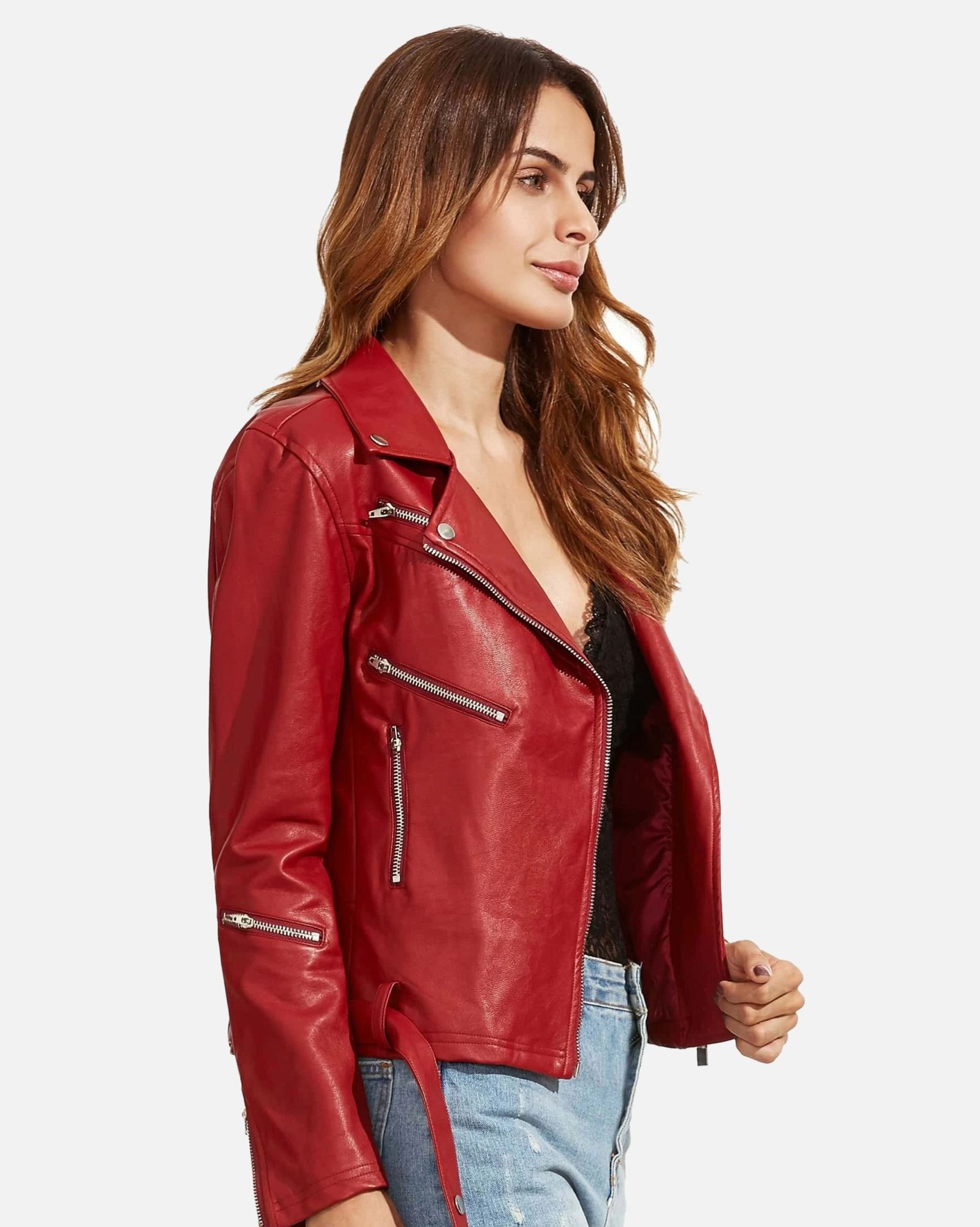 Alternative view of Women Red Langarm Moto Leather Jacket