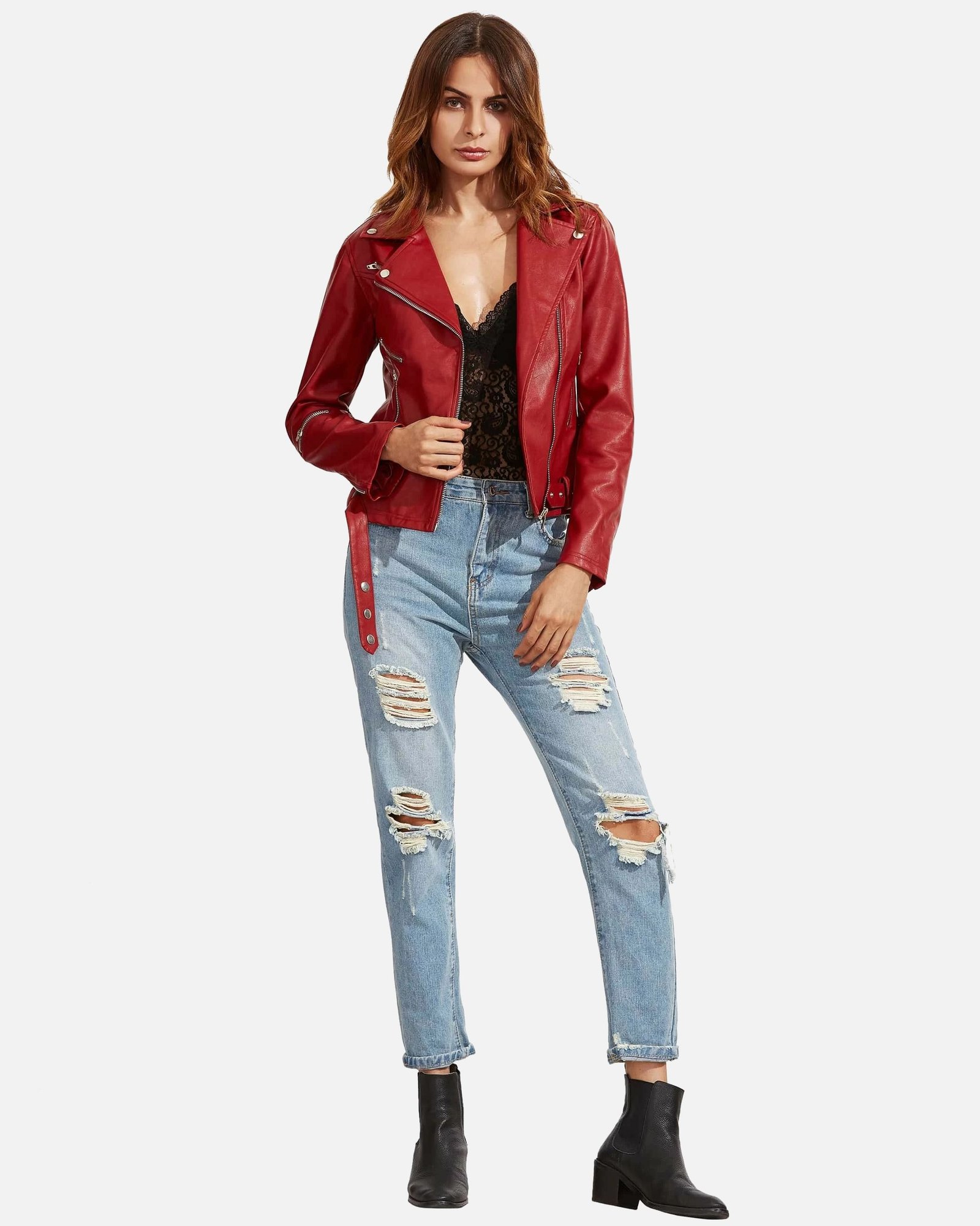 Women Red Langarm Moto Leather Jacket - Image 6