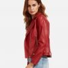 Women Red Langarm Moto Leather Jacket - Image 3