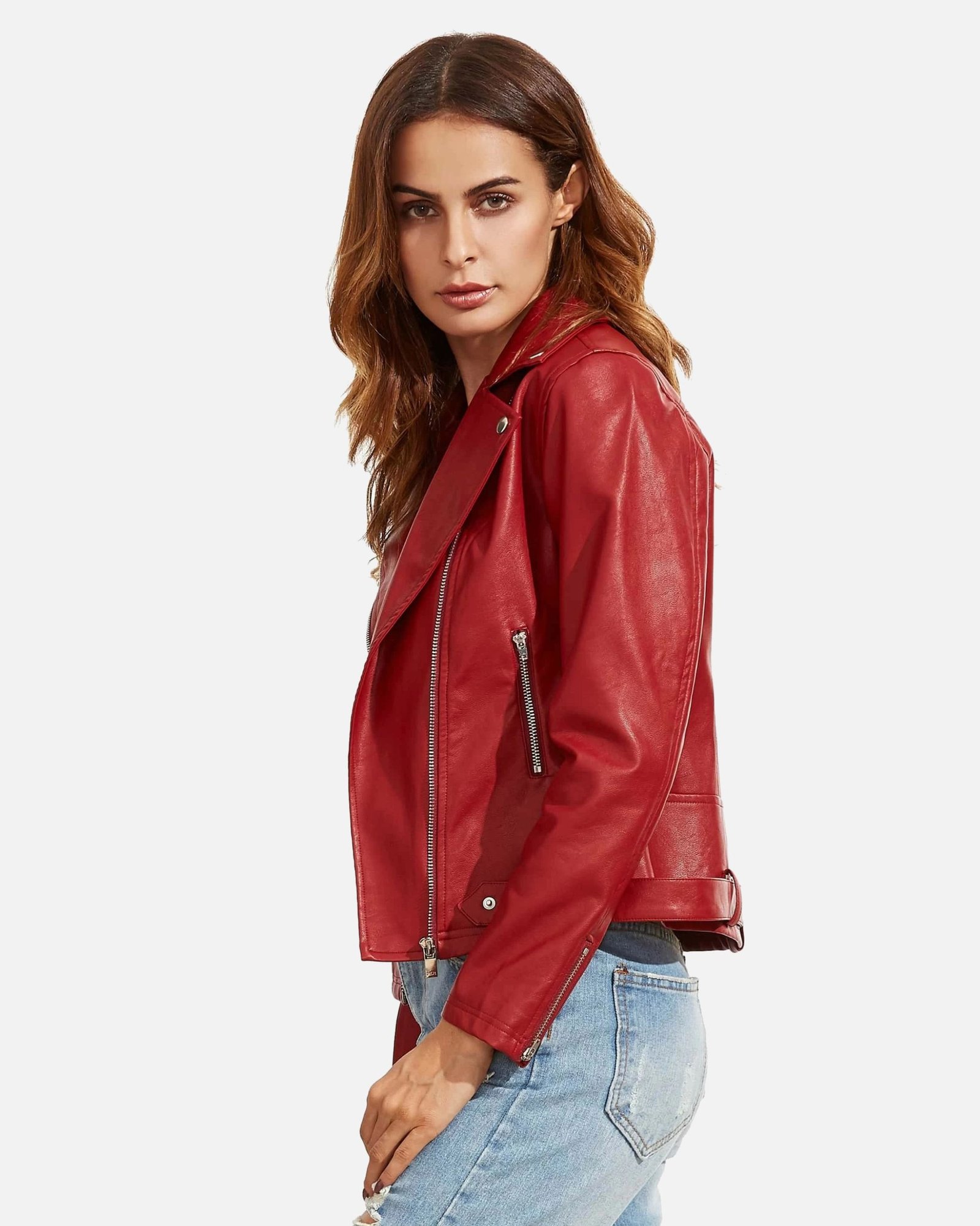 Women Red Langarm Moto Leather Jacket - Image 3