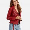 Women Red Langarm Moto Leather Jacket - Image 4