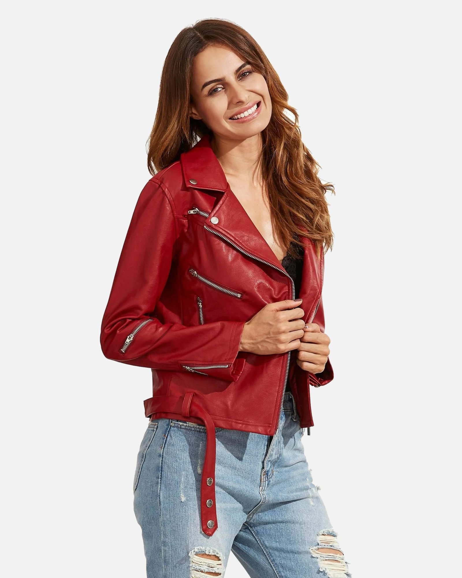 Women Red Langarm Moto Leather Jacket - Image 4