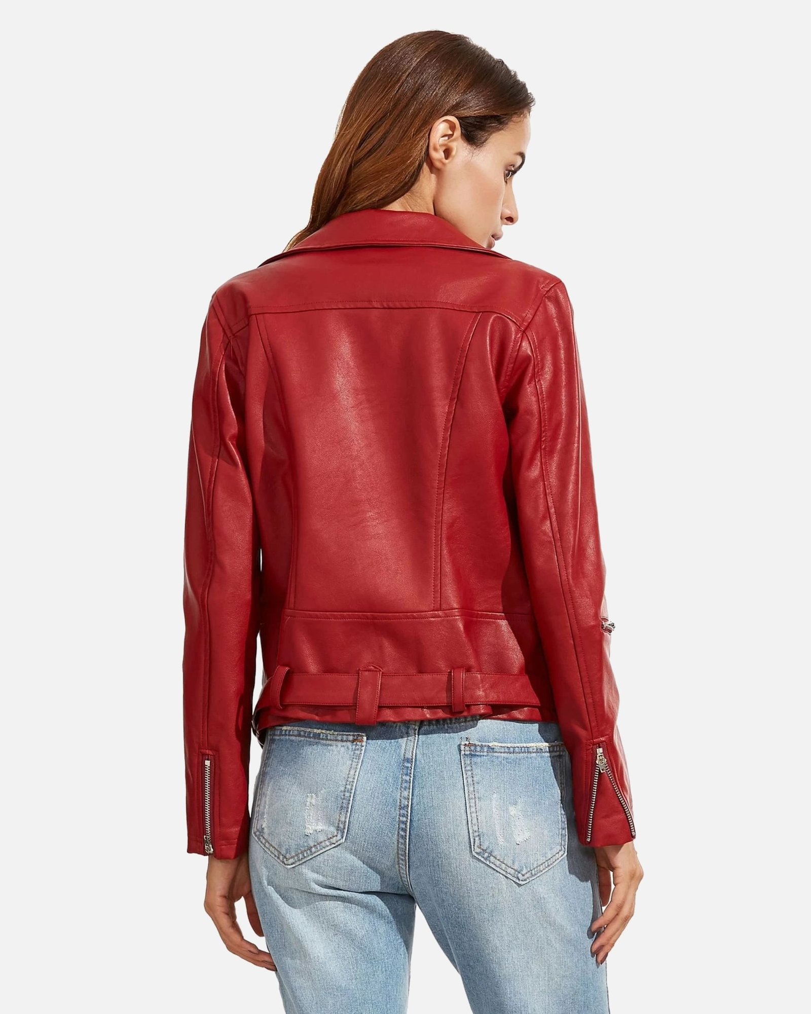 Women Red Langarm Moto Leather Jacket - Image 5