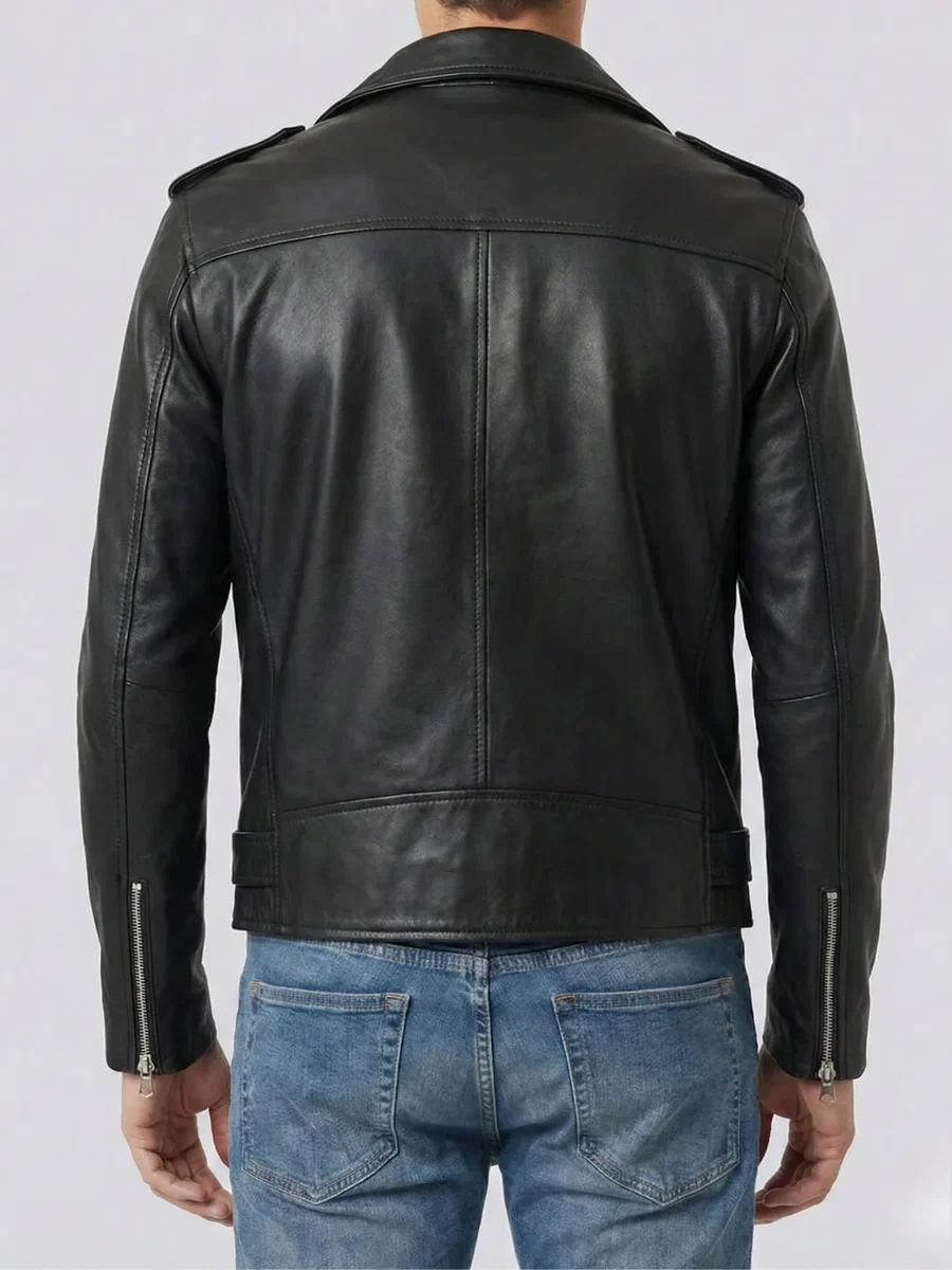 Men's Black Lambskin Leather Biker Style Jacket - Belted Waist - Image 3