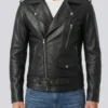 Men's Black Lambskin Leather Biker Style Jacket - Belted Waist