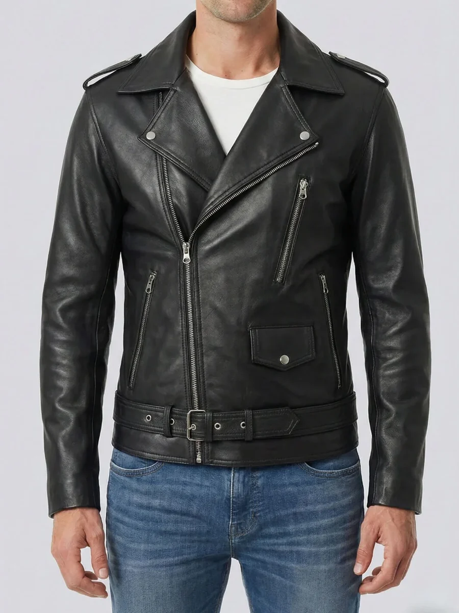 Men's Black Lambskin Leather Biker Style Jacket - Belted Waist