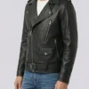 Men's Black Lambskin Leather Biker Style Jacket - Belted Waist - Image 2