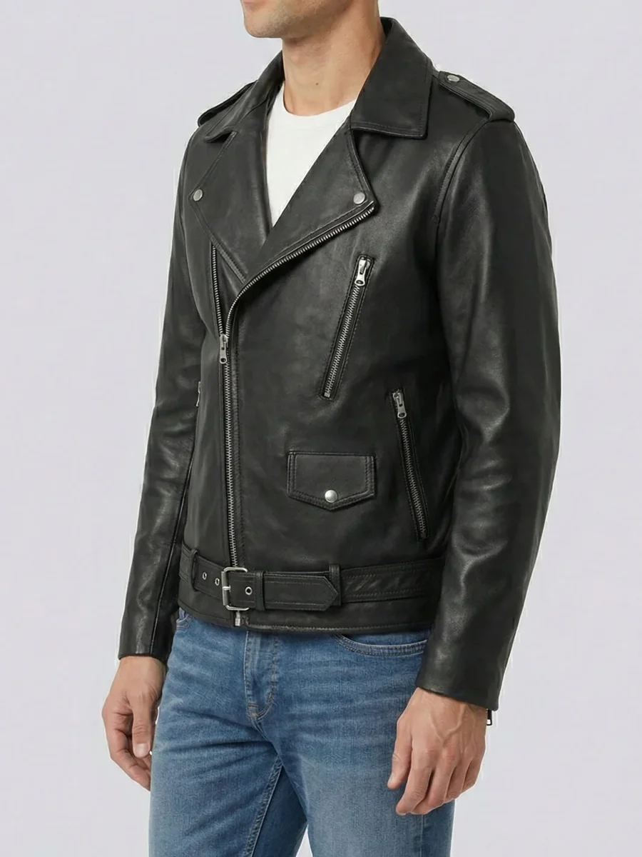 Alternative view of Men's Black Lambskin Leather Biker Style Jacket - Belted Waist